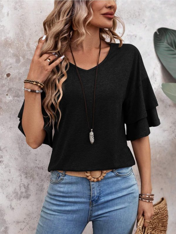 71JOvZQwnRL.jpg Womens Blouses Ruffle Short Sleeve T Shirts V Neck Double Tiered Bell Sleeve Top Spring Summer Fashion Clothes Cute Tunic