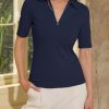 Women's Half Sleeve Top 2025 Summer Elegant V Neck Zipper Collared Work Shirts Slim Fitted Dressy Blouses