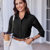 Women Button Down Shirts 3/4 Sleeve Basic Business Dress Shirt Slim Fitted Classic V Neck Button Up Work Blouse Tops