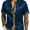 Mens Short Sleeve Button Down Shirts Casual Stretch Satin Silk Hawaiian Beach Shirt