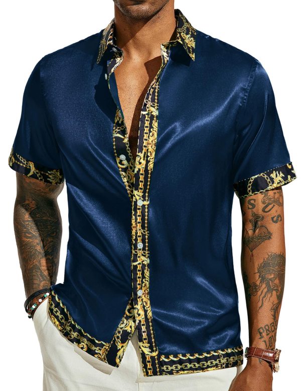 Mens Short Sleeve Button Down Shirts Casual Stretch Satin Silk Hawaiian Beach Shirt
