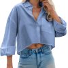 Women Cropped Button Down Shirts Long Sleeve Blouses Casual Work Crop Tops with Chest Pocket