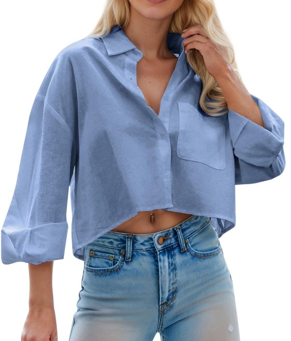 Women Cropped Button Down Shirts Long Sleeve Blouses Casual Work Crop Tops with Chest Pocket