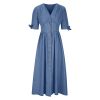 Tie Knot Half Sleeve Denim Dress Womens Deep V Neck A-Line Beach Dress 2024 Summer Button Down High Waist Jean Dress