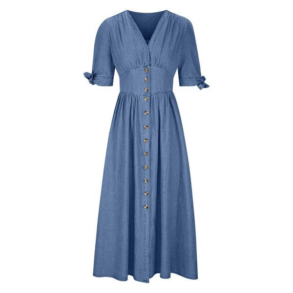 Tie Knot Half Sleeve Denim Dress Womens Deep V Neck A-Line Beach Dress 2024 Summer Button Down High Waist Jean Dress