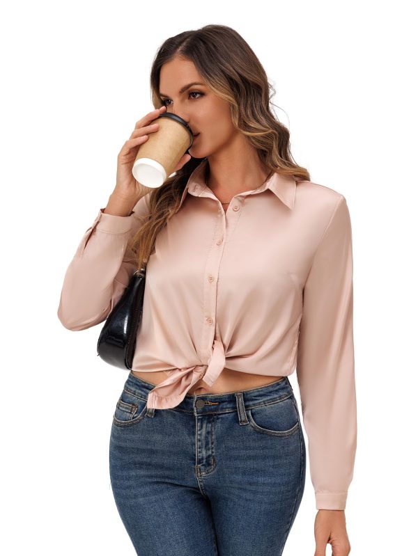 71Lv-mNuJL.jpg Women's Satin Button Down Shirt, Long Sleeves Silk Dress Shirt, Relaxed Fit Business Casual Silk Top for Work