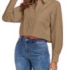 Women's Button Down Shirt Cropped Oversize Boyfriend Long Sleeve Collared Crop Loose Blouses with Pocket