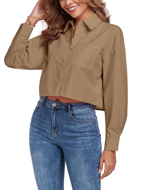71MoxiXVOSL.jpg Women's Button Down Shirt Cropped Oversize Boyfriend Long Sleeve Collared Crop Loose Blouses with Pocket