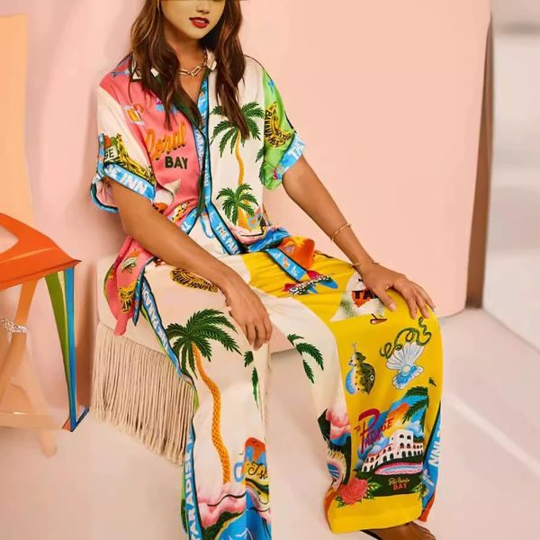 71O9YQLvpbL.jpg Floral two piece sets for women, Casual Floral Fruit Print Short Sleeve Shirt Wide Leg Pants Hawaii Beach Outfits