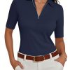 Women's Half Sleeve Top 2025 Summer Elegant V Neck Zipper Collared Work Shirts Slim Fitted Dressy Blouses