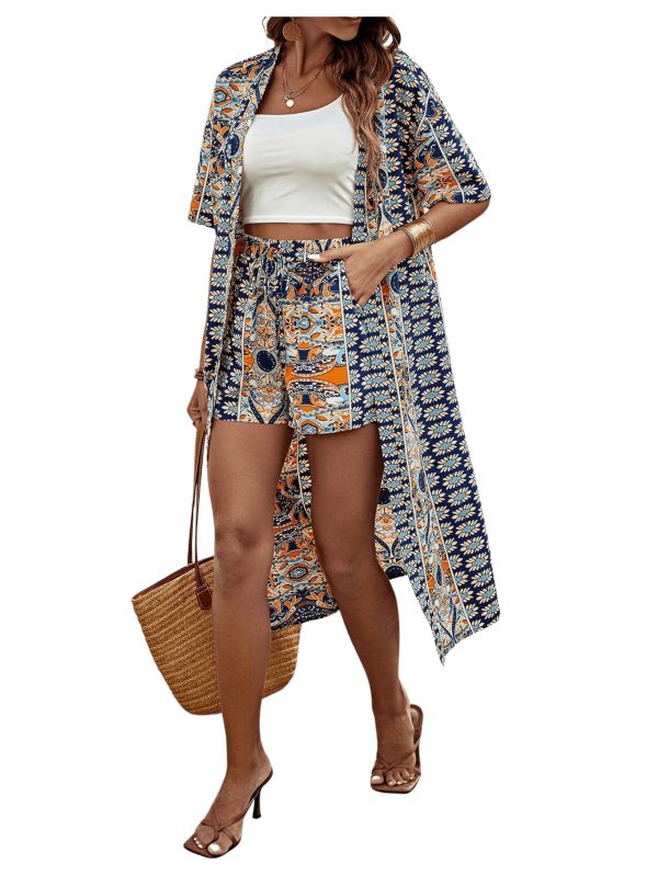 Women's 2 Piece Outfits Summer Half Sleeve Tropical Kimono Top and Shorts Set
