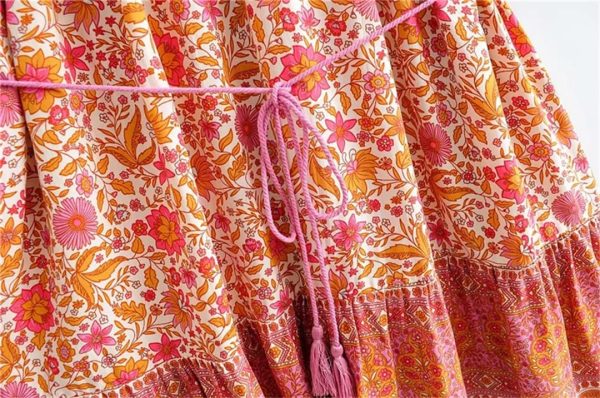 Women Drawstring Floral Print Beach Bohemian Loose Mini Dress V-Neck Half Sleeve Tassel