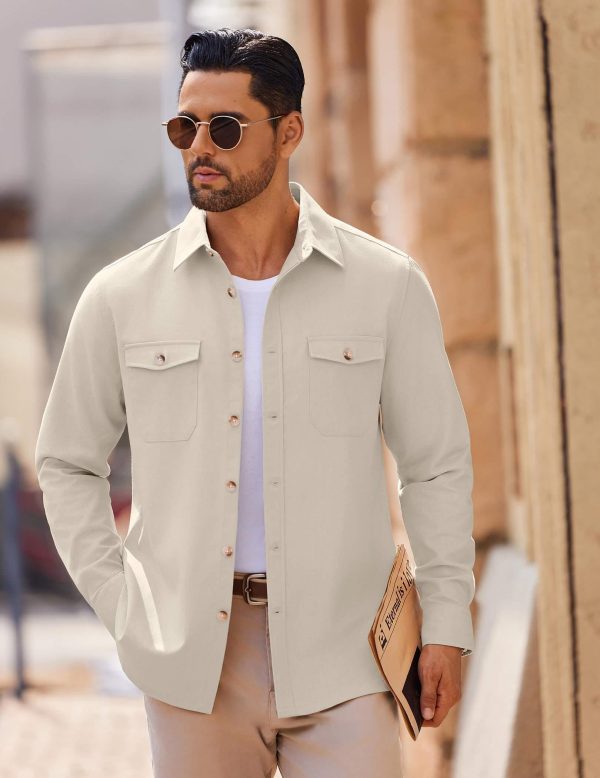 Men's Casual Shirt Jacket Linen Button Down Shirt Long Sleeve Lightweight Shacket with Pockets