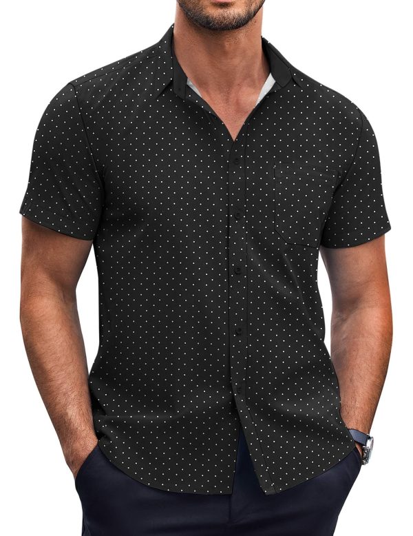 Mens Short Sleeve Button Down Shirts Wrinkle Free Dress Shirts Casual Polka Dot Print Shirt with Pocket