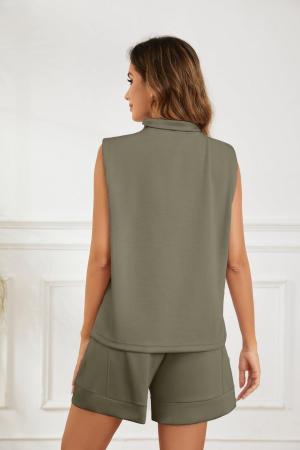 Women Two Piece Outfits Half Zip Lapel Collar Sleeveless Sweatshirt High Waist Sweat Shorts Lounge Sets Tracksuits