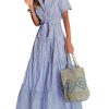 Womens Casual Short Sleeve Button Down Tie Waist Ruffled Striped Maxi Shirt Dress