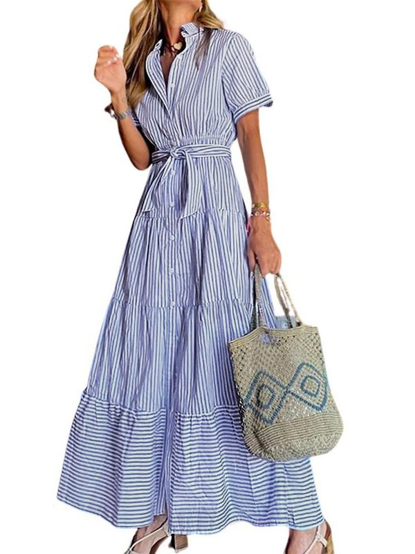 Womens Casual Short Sleeve Button Down Tie Waist Ruffled Striped Maxi Shirt Dress