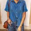 Women's Button Down Denim Shirt Casual Loose Short Sleeve Jean Shirts Tops with Pockets