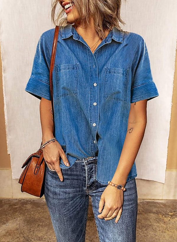Women's Button Down Denim Shirt Casual Loose Short Sleeve Jean Shirts Tops with Pockets
