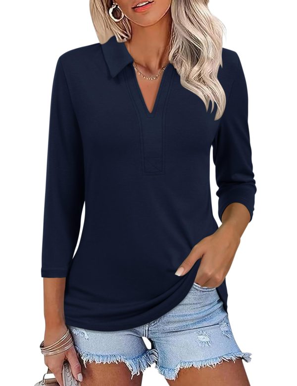 Women's 3/4 Length Sleeve V-Neck Collared Tops Summer Business Casual Work Polo Shirts 2025