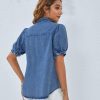 Womens Denim Shirt Business Casual Button Down Work Blouses Puff Sleeve Summer Tops