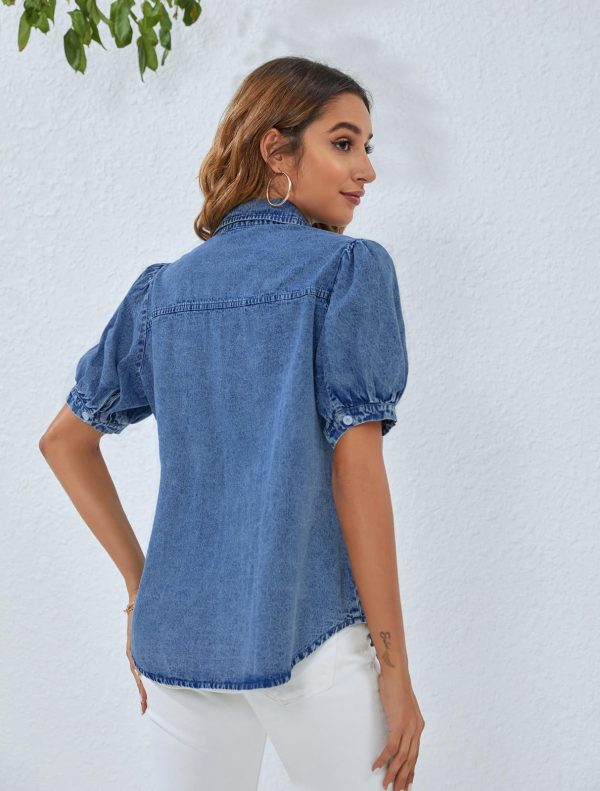 Womens Denim Shirt Business Casual Button Down Work Blouses Puff Sleeve Summer Tops