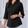 Women Button Down Shirts 3/4 Sleeve Basic Business Dress Shirt Slim Fitted Classic V Neck Button Up Work Blouse Tops