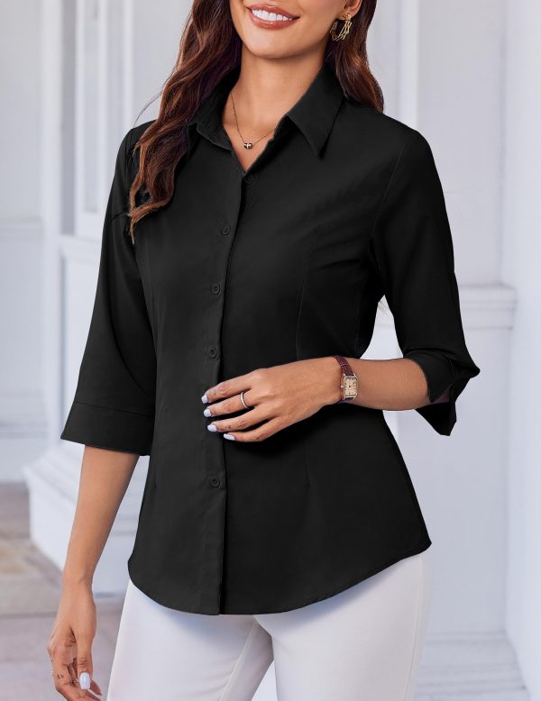 Women Button Down Shirts 3/4 Sleeve Basic Business Dress Shirt Slim Fitted Classic V Neck Button Up Work Blouse Tops
