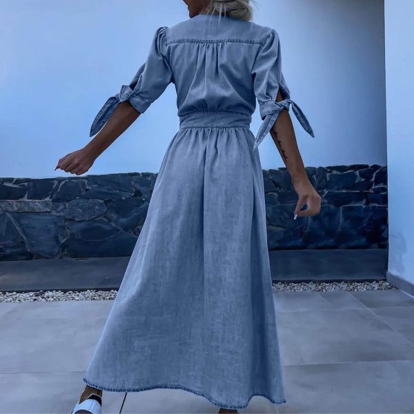 Tie Knot Half Sleeve Denim Dress Womens Deep V Neck A-Line Beach Dress 2024 Summer Button Down High Waist Jean Dress
