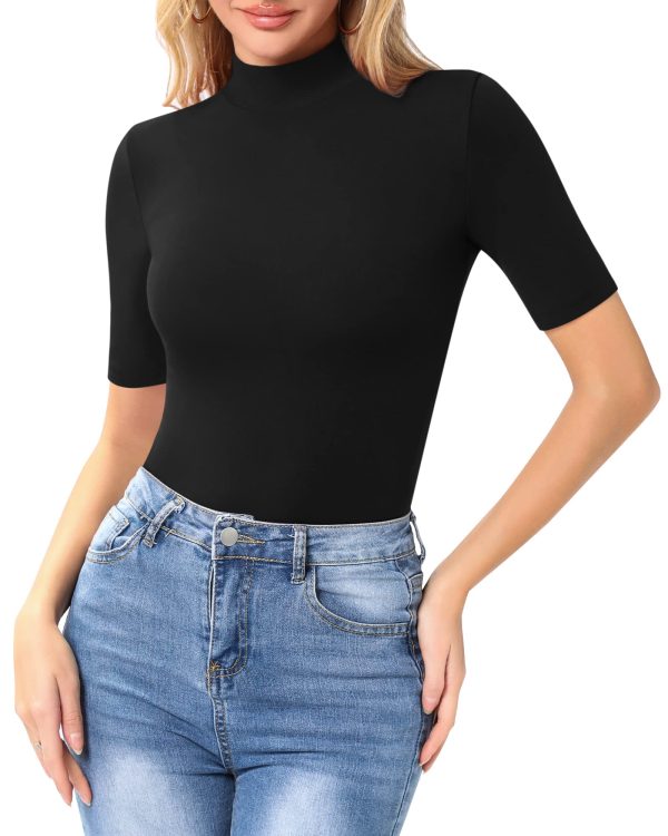 71ZiFRwNhyL.jpg Women's Mock Turtle Neck Slim Fit Half Elbow Short 3/4 Short Long Sleeve T Shirts Tight Tops Tee