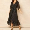 Women's Sequins Formal Dress Wrap V Neck Beltd Evening Gown Half Sleeve Ruffle Hem Glitter A-Line Flowy Maxi Dresses