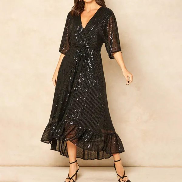 Women's Sequins Formal Dress Wrap V Neck Beltd Evening Gown Half Sleeve Ruffle Hem Glitter A-Line Flowy Maxi Dresses