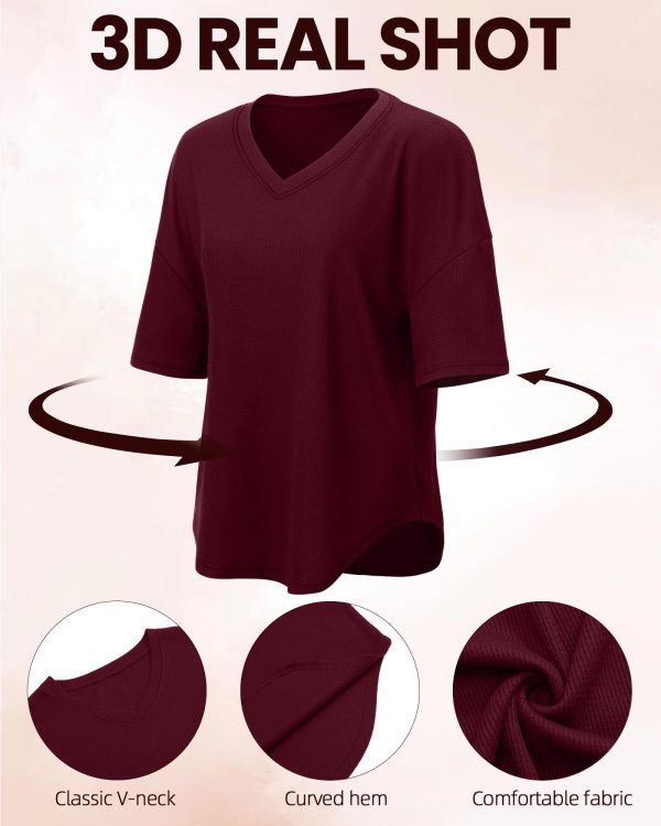 3 Pack Oversized Waffle Knit Tops for Women V Neck Half Sleeve Shirts Casual Drop Shoulder Tunic Top Blouses
