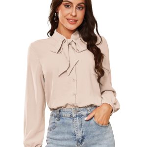 Women Bow Tie Neck Office Blouse Button Down Long Sleeve Bodysuits Blouse Top