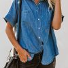 Women's Button Down Denim Shirt Casual Loose Short Sleeve Jean Shirts Tops with Pockets