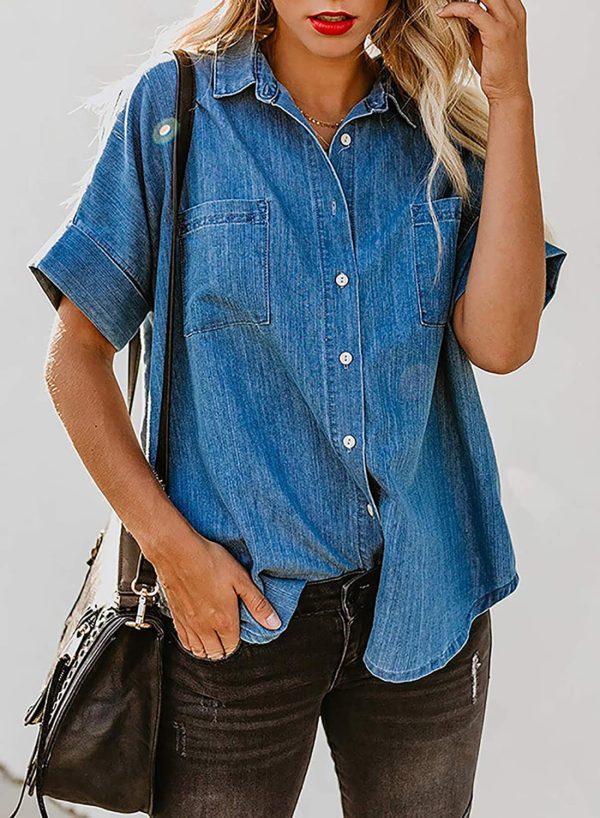 Women's Button Down Denim Shirt Casual Loose Short Sleeve Jean Shirts Tops with Pockets