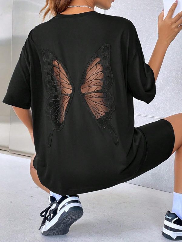 71b5v8KbbPL.jpg Women's Oversized Butterfly Back Cut Out Tee Tops Y2k Half Sleeve Crew Neck T Shirt