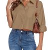 Women's Button Down Shirt Cropped Oversize Boyfriend Long Sleeve Collared Crop Loose Blouses with Pocket