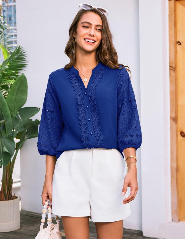 71cNmVmtP5L.jpg Women's Dressy Casual Tops 3/4 Sleeve Business Work Blouses Hollow Out Embroidery Button Down Shirts
