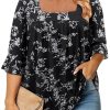 Womens Plus Size Tops Loose Fit 3/4 Ruffle Sleeve Blouses Square Neck T Shirt Casual Tunic Tops(1X-5X)