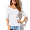 Womens Off Shoulder Top Half Sleeve Summer Cotton Blouses Boat Neck Tee Shirt