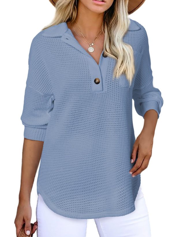 71fFqVQNML.jpg Women Waffle Knit Tops Henley Shirts Long Sleeve V Neck Solid Color Casual Tunic