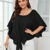 Womens Plus Size Off The Shoulder Blouse Tops Half Sleeves Tie Front Sexy Flowy Top