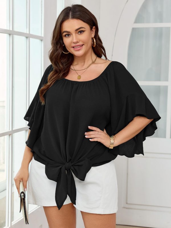 Womens Plus Size Off The Shoulder Blouse Tops Half Sleeves Tie Front Sexy Flowy Top