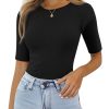 3 Pack Women's Half Sleeve Cotton Ribbed Shirts, Slim Fit Crew Neck Tops Basic Layer Solid Color Summer Work Tees