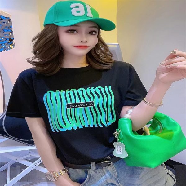 Women's Short-Sleeved White T-Shirt Top Beautiful Cotton Summer Loose Black Half-Sleeve T-Shirt