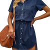 Women Casual Denim Dress Short Sleeve Tie Waist Classic Jean Shirt Dress