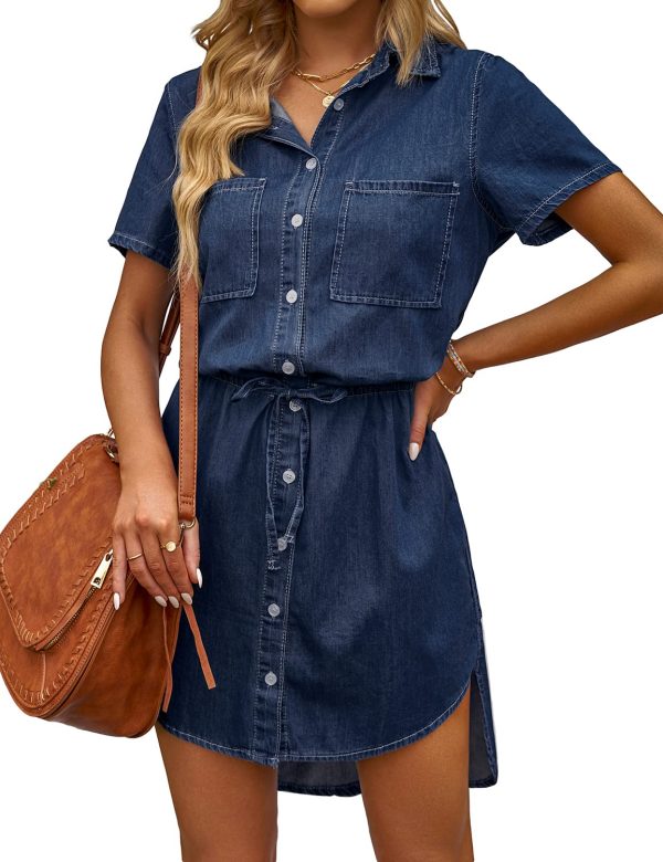 Women Casual Denim Dress Short Sleeve Tie Waist Classic Jean Shirt Dress