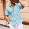 Men's Button Down Short Sleeve Shirt Casual Cotton Summer Beach Linen Wedding Shirts with Pocket