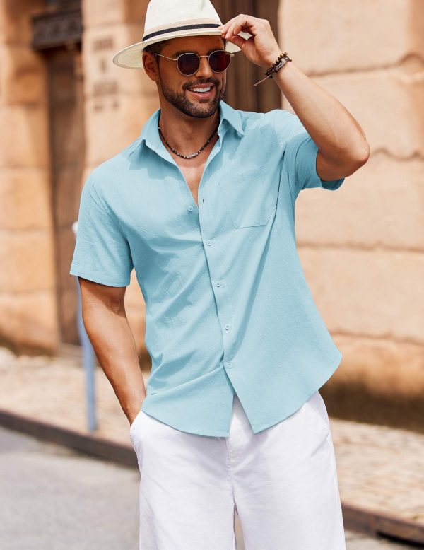 Men's Button Down Short Sleeve Shirt Casual Cotton Summer Beach Linen Wedding Shirts with Pocket